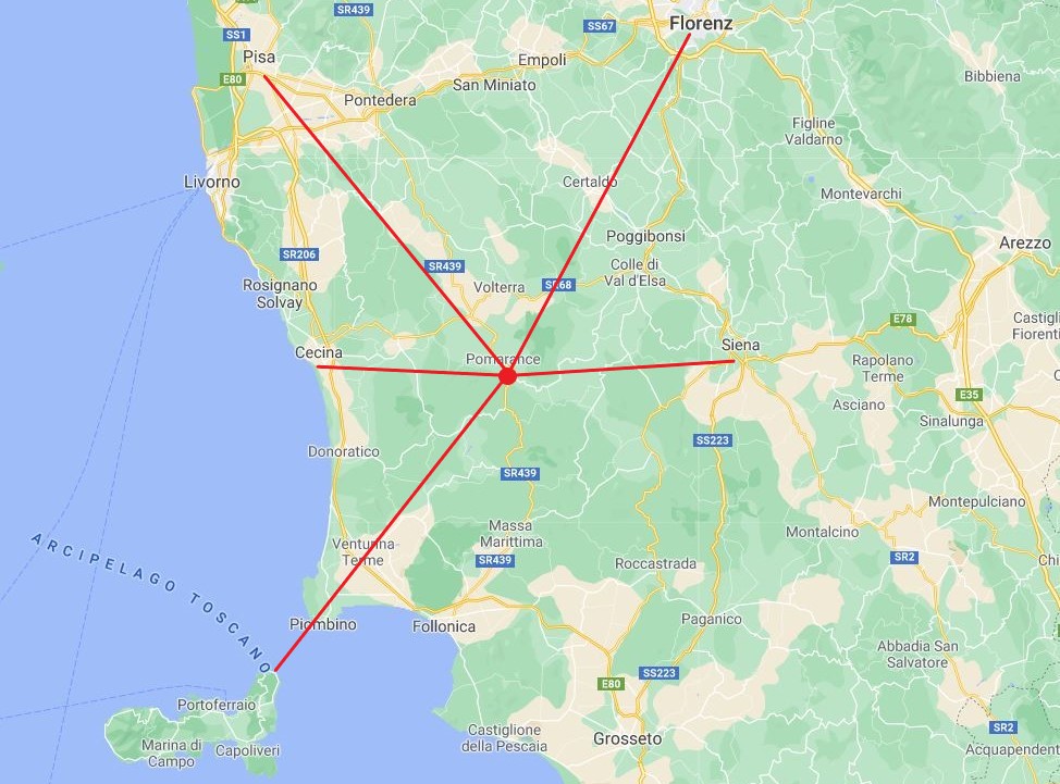 Landkarte Toskana von Siena bis Meer mit Volterra Pomarance